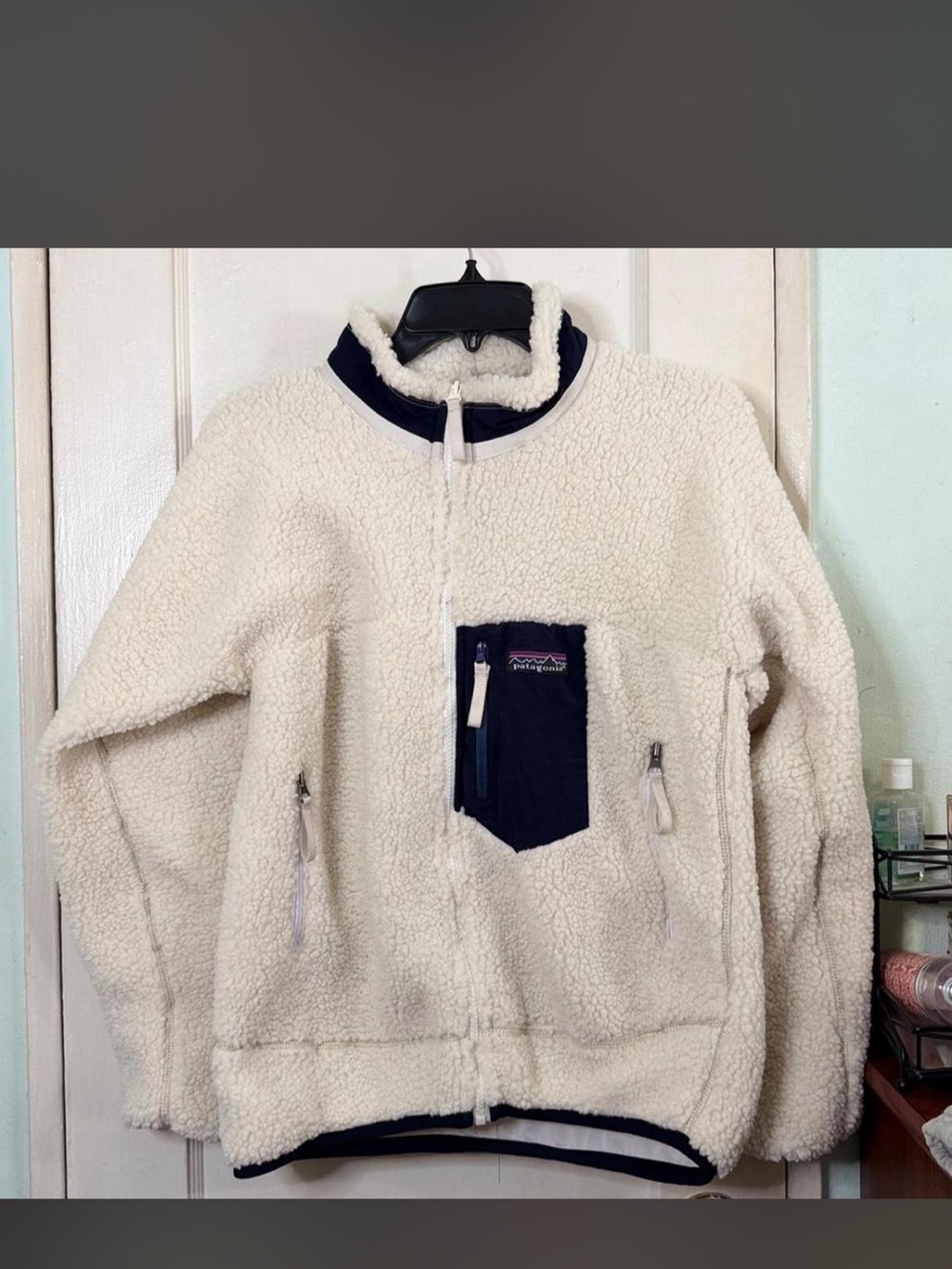 Patagonia Cream Sherpa Jacket with Navy Chest Pocket